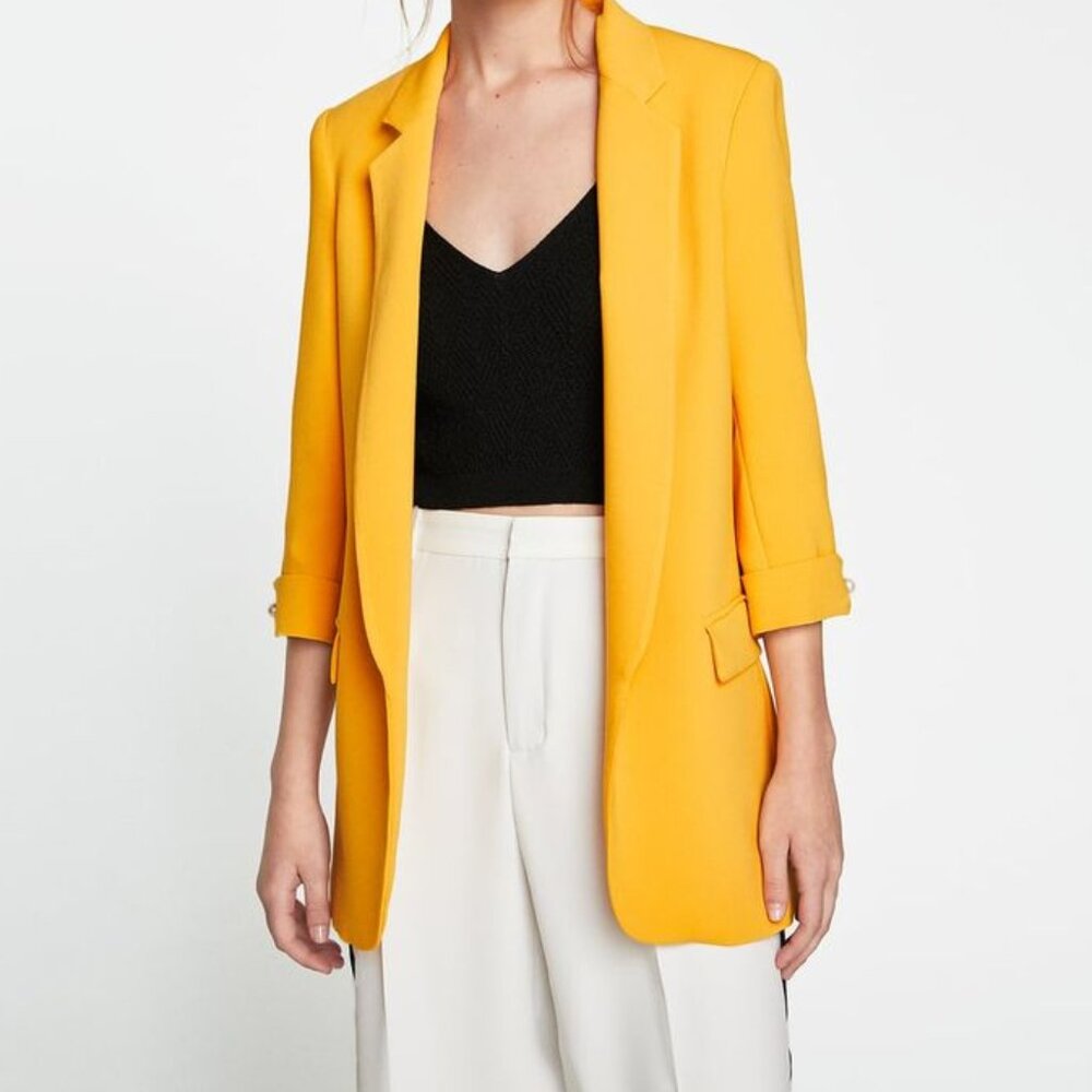 Zara Basic Yellow Oversized Open Front Career Wear Pearl Details Blazer Size XS